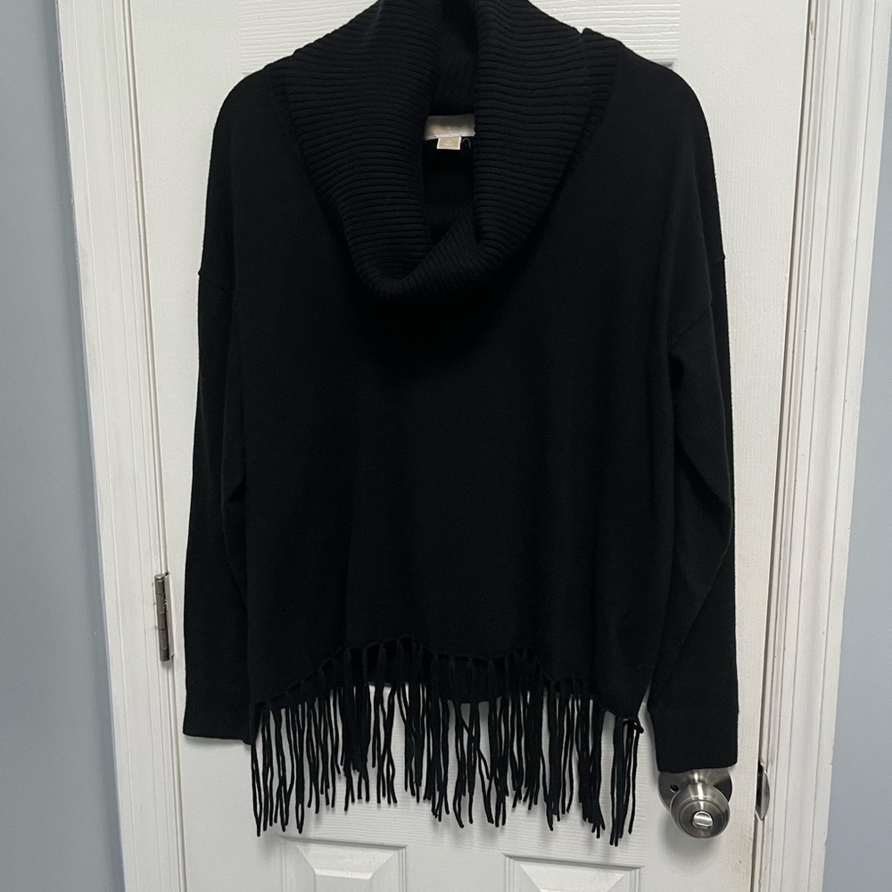 Michael Kors black fringe cowl turtle neck sweater Women’s Medium Cotton Blend - Picture 2 of 13